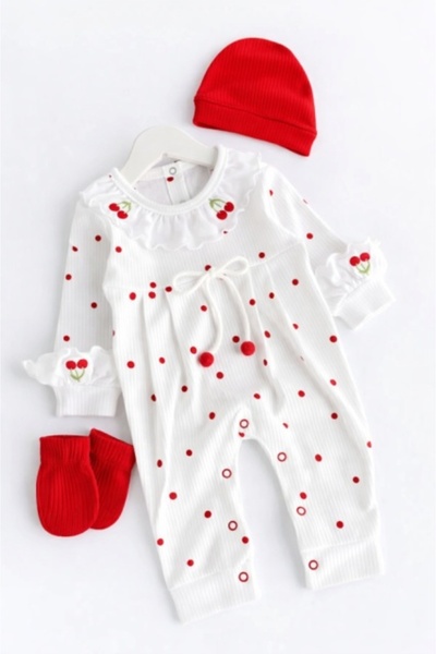 Superbaby Set caciulita, manusi si salopeta pentru bebelusi cirese - BYMURAT