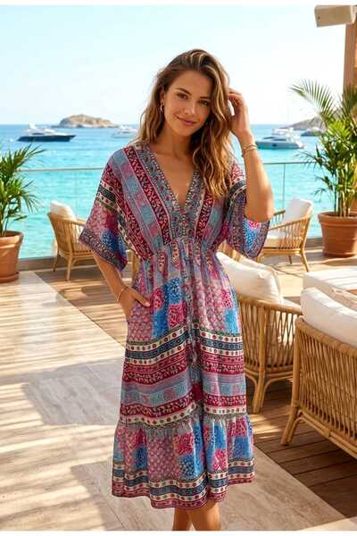 LAGRANZE AZURÉA VISTA Γυναικείο Μακρύ Φόρεμα με Σχέδια – Λαιμόκοψη V, Ρευστό ...