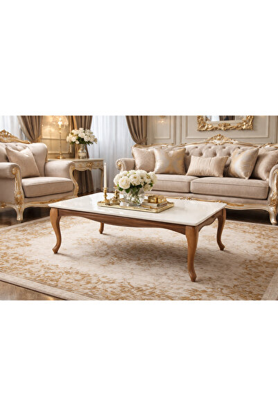 FAMİ HOME | Lina Avangard Orta Sehpa Krem Tabla Ceviz Ayak Modern Salon Sehpası