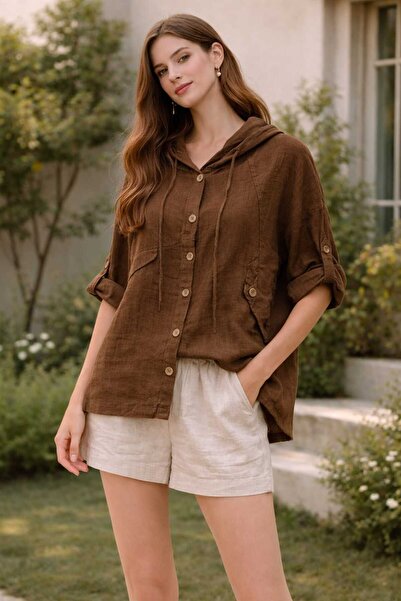 Bergani Women's Hooded Comfortable Fit Cotton Shirt Jacket