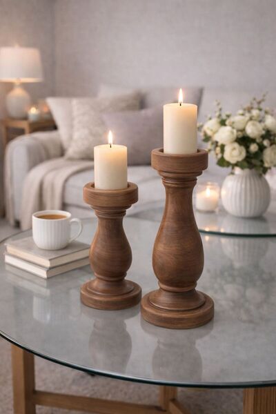 NEWNOW CozyAura Ahşap Şamdan Mumluk Seti 2’li – Dekoratif Masa & Salon Mum St...
