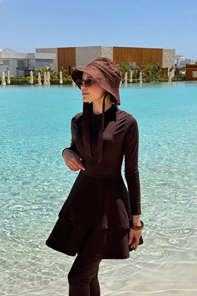 Hazamoda Μαγιό χιτζάμπ με βολάν και στρώσεις σε καφέ χρώμα