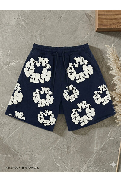 CLASSY.MODA Oversize Μαύρο Σορτς - Βαμβακερό Σορτς με 3D Puff Φουσκωτό Φλοράλ...