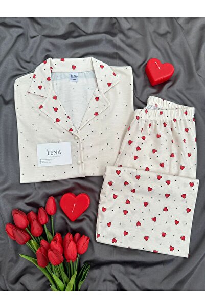 Lena Homewears Γυναικείο Σετ Πιτζάμες με Κόκκινες Καρδιές και Εκρού Σχέδιο