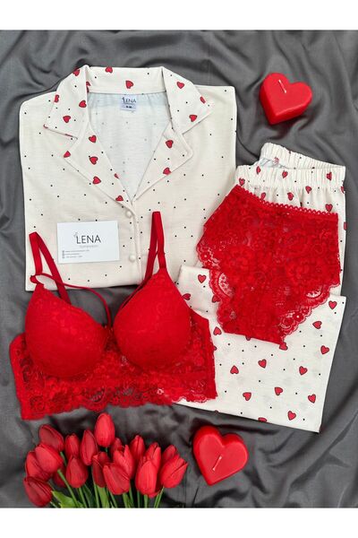 Lena Homewears Γυναικείο Σετ Πιτζάμες με Εσώρουχα q Κόκκινες Καρδιές Εκρού με...
