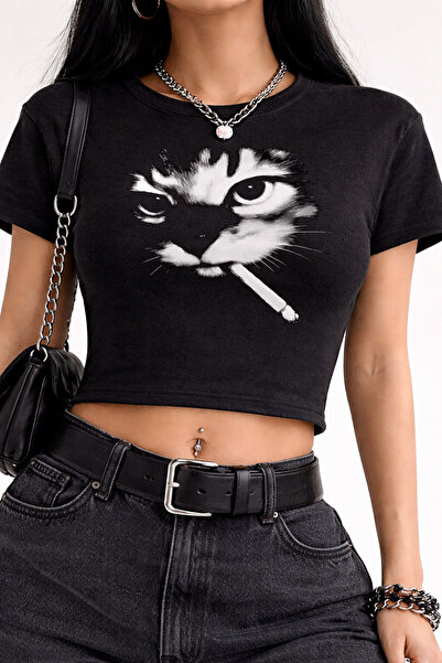 Toum Χαριτωμένη γλυκιά γάτα με στάμπα, μαύρη, κοντή μπλούζα με ζώνη.
