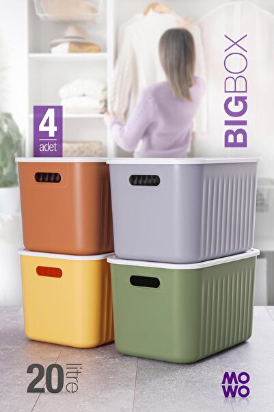 Mowo Home BigBox 20 Lt 4'lü Mix Dolap Düzenleyici Kapaklı Saklama Kutusu Sepe...
