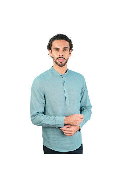 Giordano Men's Slim Linen Cotton Band Collar Shirt