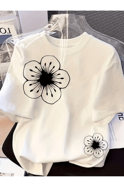 one button Δύο μαύρα μπλουζάκια με φλοράλ στάμπα Premium Oversize