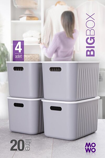 Mowo Home Bigbox 20 Lt 4-Piece Gray Closet Organizer Storage Box with Lid Bas...