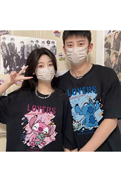 darkopia Unisex Σετ μπλουζών μεγάλου μεγέθους με στάμπα Stitch και Angel LOVE...