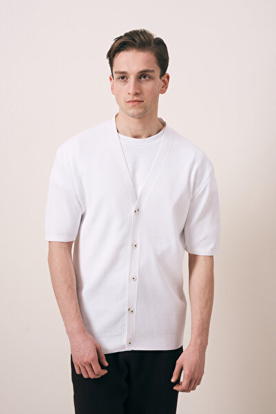 İLKCET MODA Short Sleeve White Men's Oversize Knitwear Cardigan