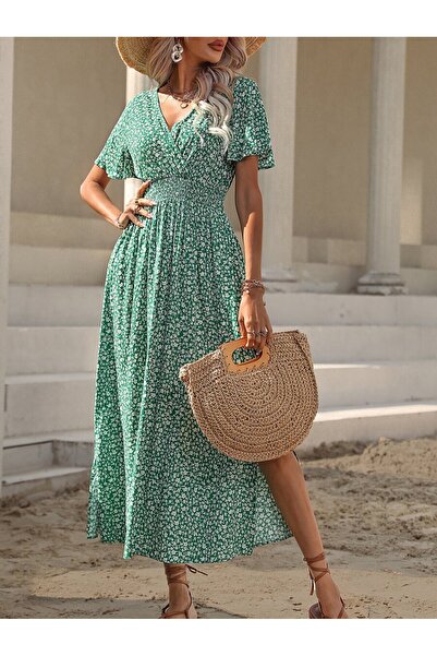 Iuliashop Rochie lungă verde Gaia cu imprimeu floral alb - S