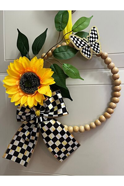 GÜLHOBY Ahşap Boncuklu Damalı Kareli Kurdele Ayçiçeği Kapı Süsü