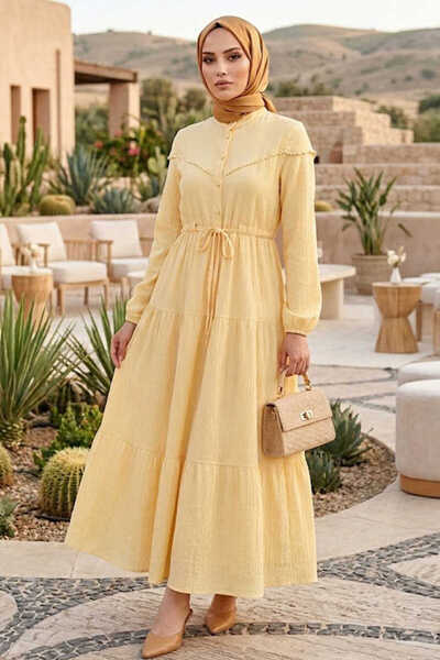 N.S NEVA STYLE Κουμπωτό Κίτρινο Φόρεμα Τεσεττούρ 10213SR