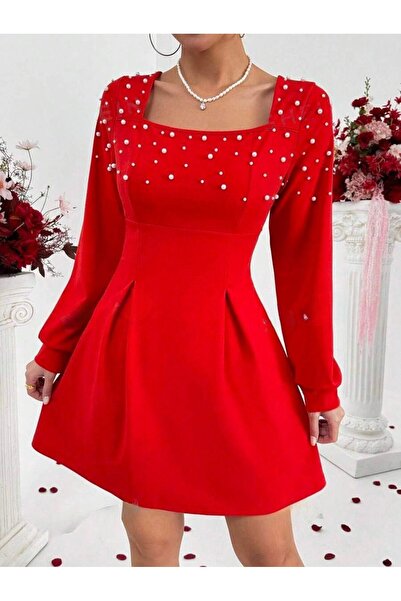 Iuliashop Rochie scurtă roșie Olga cu perle - S