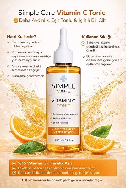 SIMPLE CARE VitaGlow C+ Tonic 200 ml – Aydınlatıcı & Ton Eşitleyici Cilt Toniği