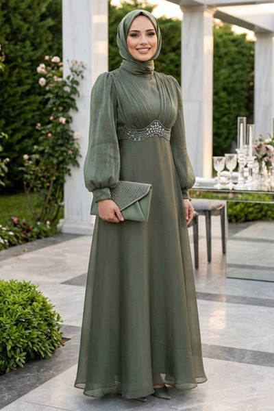 N.S NEVA STYLE Βραδινό φόρεμα χιτζάμπ σε σκούρο μέντα χρώμα με λεπτομέρειες α...