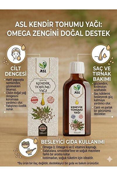 ASL Kenevir Yağı 100 ml | %100 Soğuk Sıkım | KENDİR | Katkısız | Cam Şişe | İ...