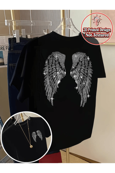 one button Γυαλιστερό μπλουζάκι με φτερά αγγέλου, διπλής όψης, premium, overs...