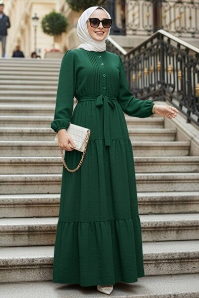 N.S NEVA STYLE Φόρεμα Τεσεττούρ με πτυχώσεις σε σκούρο πράσινο χρώμα 20207KY