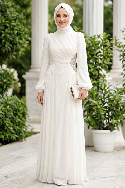 N.S NEVA STYLE Rochie de seară cu detaliu din mărgele, crem, stil Hijab 47561KR