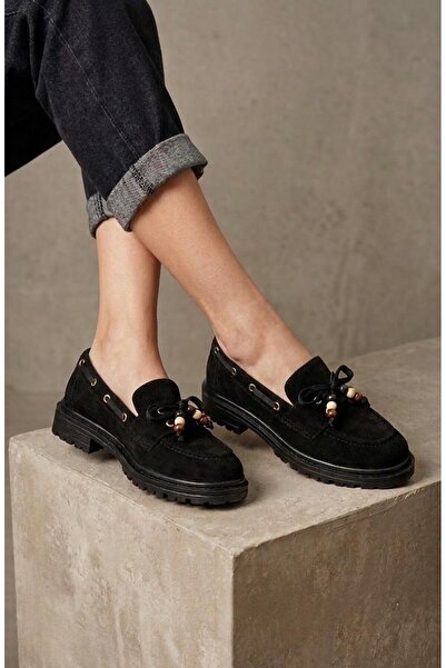 KUTUP Kadın Yüksek Kaymaz Taban ve Dana Süet Boncuklu Bağcıklı Loafer Oxford ...