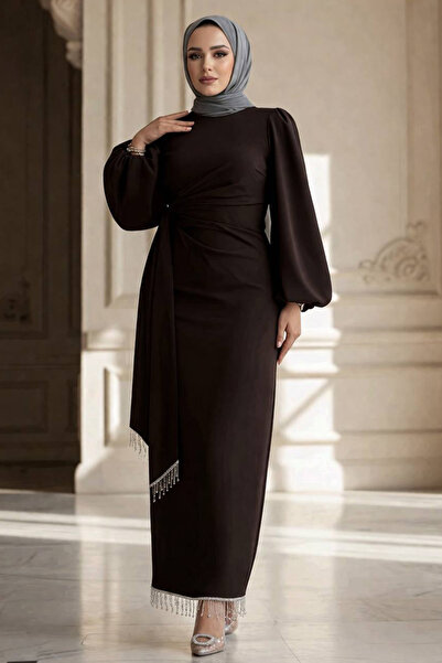 N.S NEVA STYLE Βραδινό Φόρεμα Τεσεττούρ με Μανίκι Μπαλόνι σε Σκούρο Καφέ 6225...