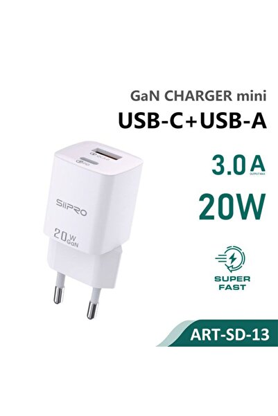 SiPro Siipro Wall Charger 1x USB 1x USB Type-C 20W GaN White (SD-13)