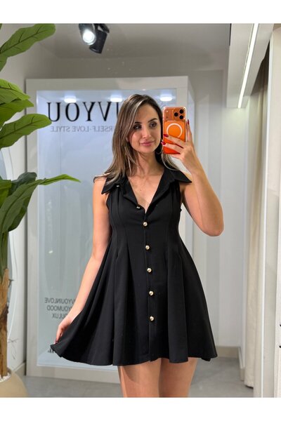 HARMONY GLOBAL Μαύρο χρυσό αμάνικο μίνι φόρεμα καμπάνα με κουμπιά 7849