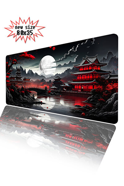 Mativia Kırmızı Siyah Japon Tapınak XXL Mousepad 80x35 Büyük Boy Kaymaz Taban...