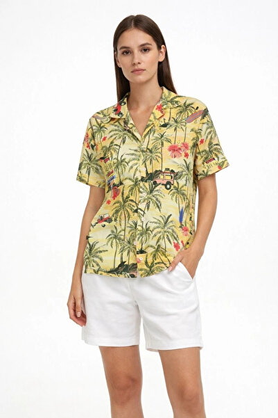 SATIYU BUTİK Asmedo Women's Sunset Tropical Patterned Short Sleeve Shirt Shor...