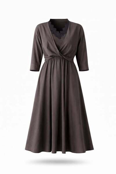 5in1Canpolat Φόρεμα με διπλό γιακά σε καφέ απόχρωση με λεπτομέρεια από δαντέλα