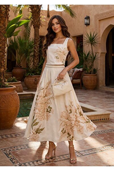 Butik Şenel Σετ με τετράγωνο γιακά, μίντι μήκους, φούστα με στάμπα και κορδόνια