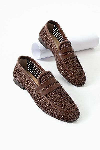 dericia shoes Royal Hakiki Deri Kahverengi Günlük Rahat Kadın Örgülü Loafer A...