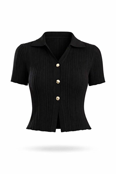 5in1Canpolat Black Gold Buttoned Ribbed Cardigan 251332