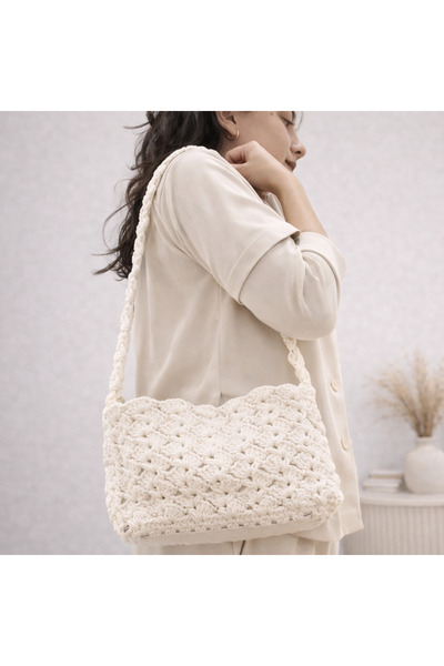 Yuumi Design Krem Rengi Örgü Omuz Çantası