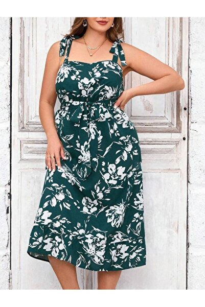 Iuliashop Μίντι φόρεμα Mildrid πράσινο με λευκό φλοράλ σχέδιο - Μεγάλα μεγέθη...