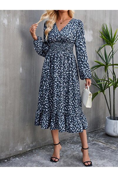 Iuliashop Rochie midi albastră Agave cu imprimeu cu frunze - S