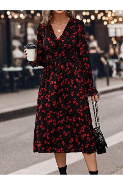 Iuliashop Rochie midi neagră Cecily cu inimi roșii - M