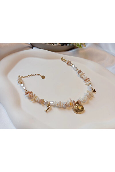 stainless steell Gold Plated Natural Stone Look Cream Steel Anklet (22-26 cm)