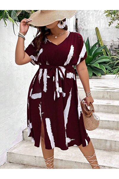Iuliashop Rochie midi Alvinia Grena cu imprimeu alb - Mărimi mari - 44