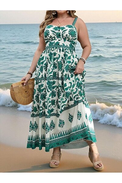 Iuliashop Rochie lungă albă Misha cu imprimeu verde - Mărimi mari - 46