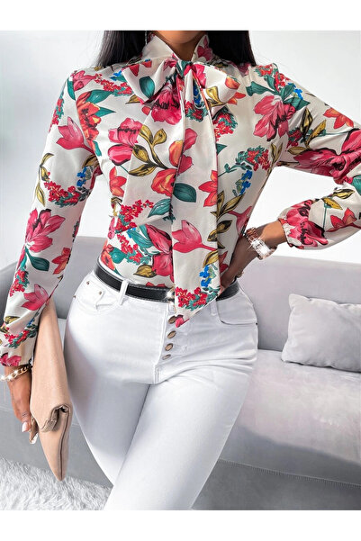 Iuliashop Bluza Dama Bombasi Crem cu Print Floral Multicolor - M