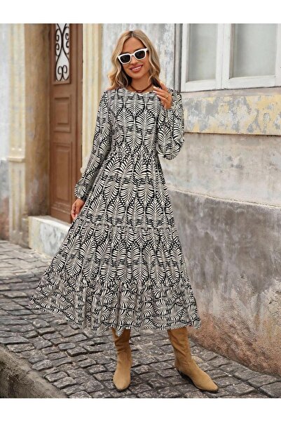 Iuliashop Rochie midi Linna neagră cu imprimeu crem - S