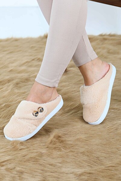 TOFİSA Γυναικείες παντόφλες σπιτιού σε μπεζ χρώμα με κουμπιά - 27777-BEJ