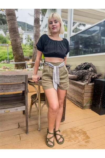 Miss Boheme Khaki Color Scarf Belted Linen Shorts