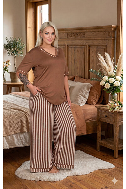 Lohussa Νέα σεζόν Γυναικεία καφέ ριγέ κοντομάνικη πιτζάμα με ειδικό σχέδιο, κ...