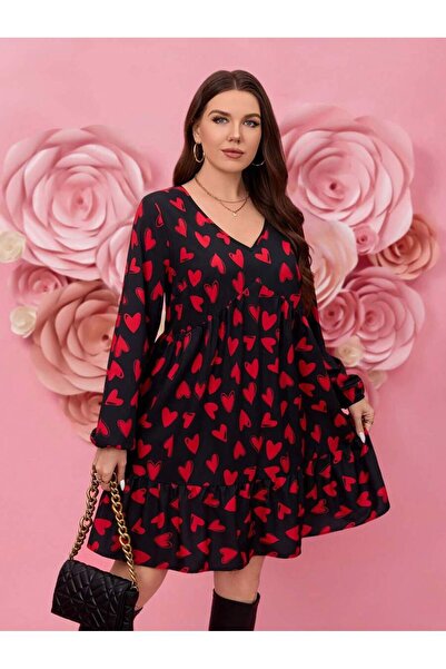 Iuliashop Caspian Black Short Dress with Red Hearts - Plus Sizes - 44