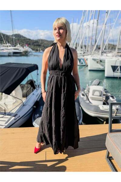 Miss Boheme Black Color Strapless Long Seersucker Bohemian Dress